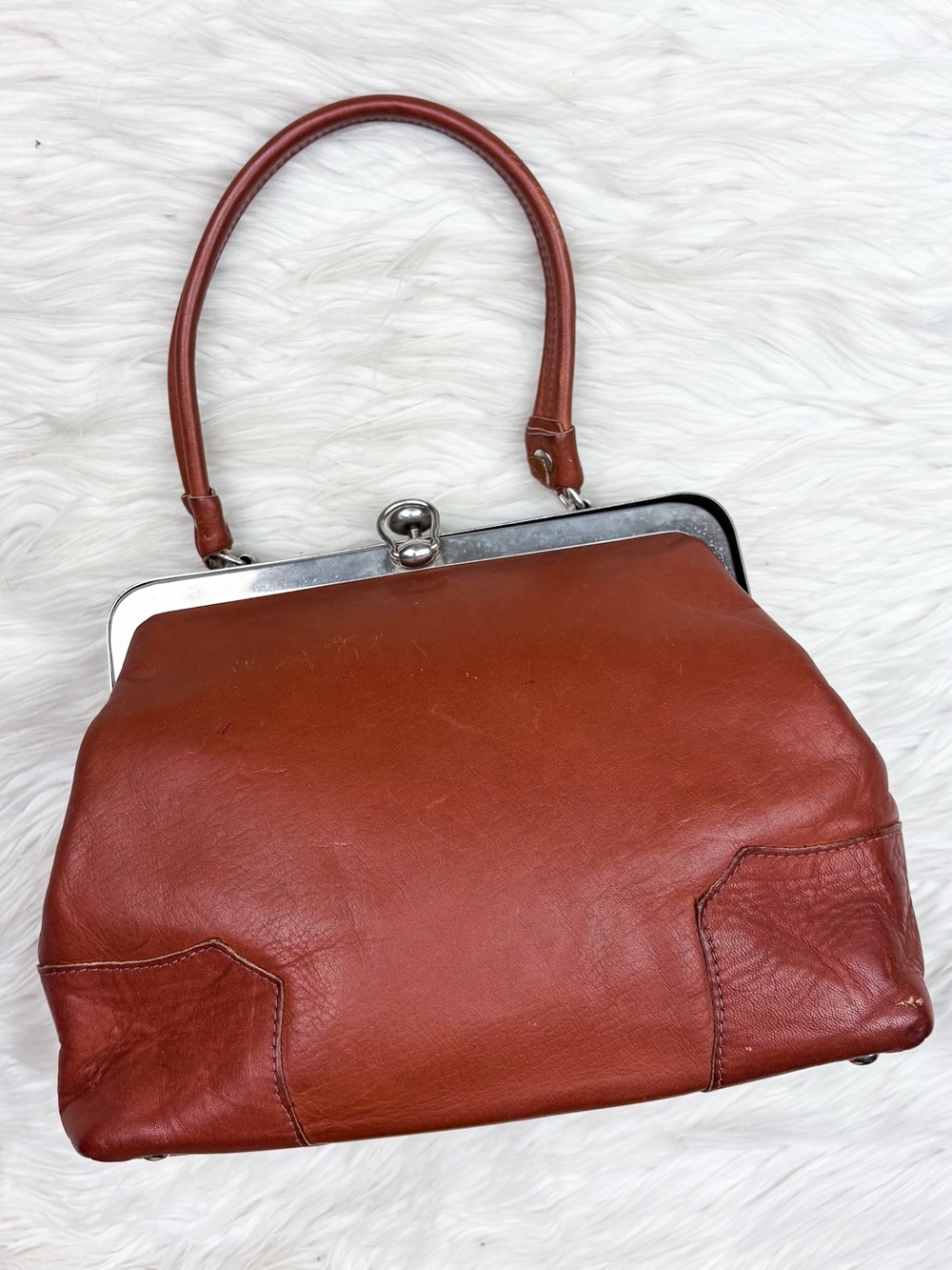 Vintage 60s Metal Frame Cognac Tan Brown Leather Satchel Bag Purse Evening Retro